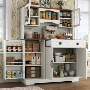 Farmhouse White Kitchen Pantry Storage Cabinet with Microwave Stand, Freestanding Buffet Design, Glass Door, Adjustable Shelves for Dining Room