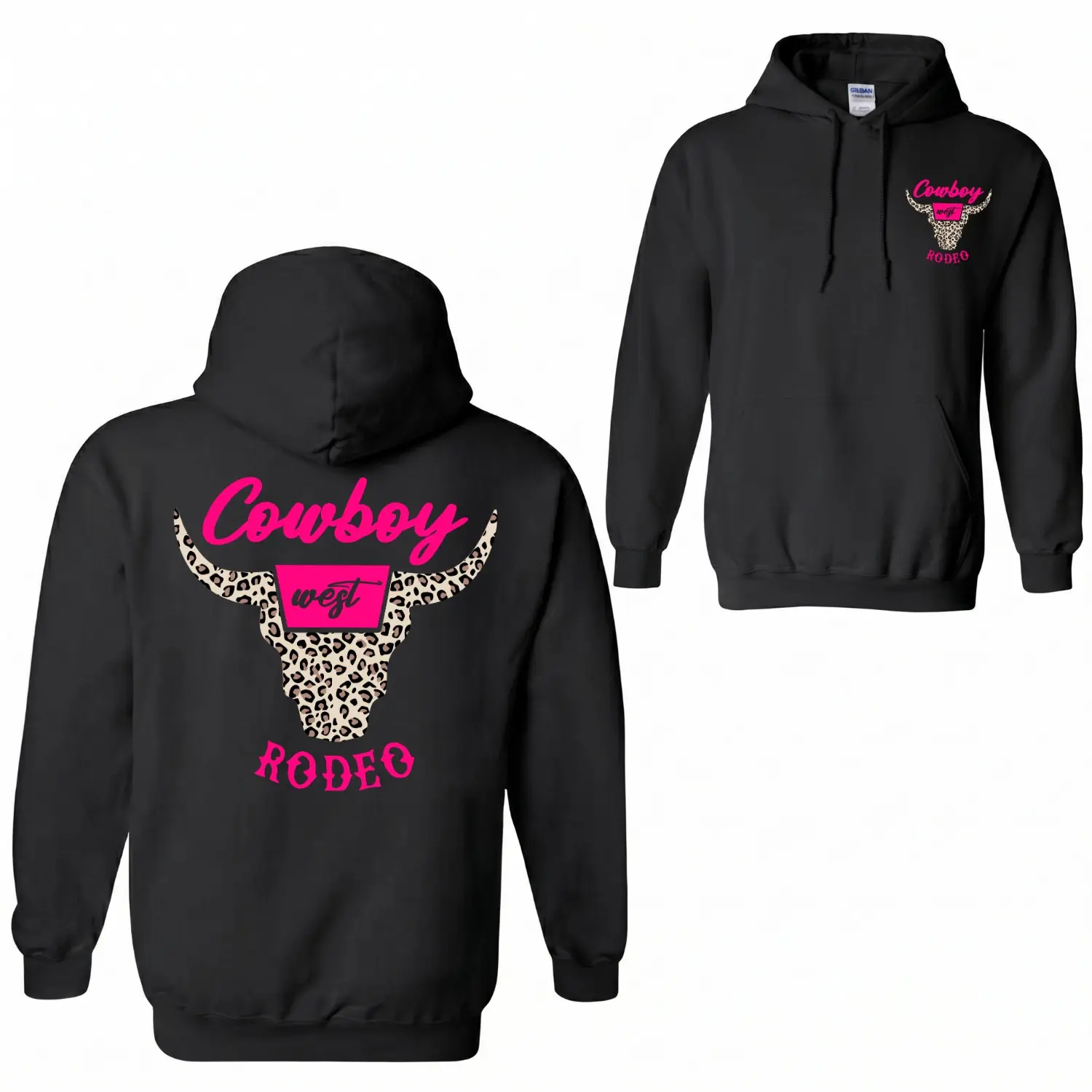 Cowboy Rodeo Hoodie, Western Bull Skull with Pink Leopard Print Graphic Pullover, Men's Country Style Hoodie, Trendy Rodeo Streetwear, Casual Western Apparel