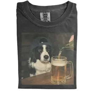 Border Collie Drinking Beer Comfort Colors T-shirt, Vintage 90s Funny Edgy Dog Meme Tee, Unisex Fit Design, Casual Streetwear, Gift for Dog Lovers
