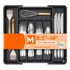 Lifewit Silverware Drawer Organizer, Expandable Utensil Tray for Kitchen, BPA Free Flatware and Cutlery Holder, Adjustable Plastic Storage for Spoons Forks Knives, 8.5-14 x 12", Black