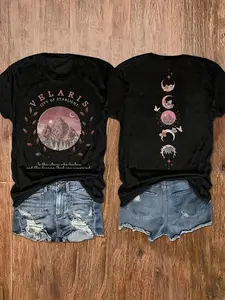 "Velaris City of Starlight" ACOTAR Double-Sided T-Shirt - Black Vintage Mountain & Moon Phase Graphic Short Sleeve Tee