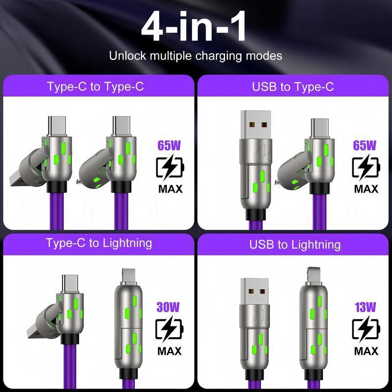 [Buy 1 get 1 free]-6.6FT 4-in-1 USB-C Cable, EXOVAN PD Fast Charging, Data Sync, USB-A, Type-C, Lightning, Aluminum, Compatible