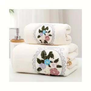 Coral Velvet Floral Embroidered Towel Set - 2pcs Hand Towel & 1 Bath Towel, Super Soft & Skin Friendly, Ideal for Family Bathrooms bath towel White Two Piece Suit