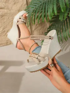 Women's Cross Strap Wedge Sandals, Elegant, Fashion, Lightweight Comfortable Espadrille Platform Heels with Metal Buckle for Beach Vacation, Elastic Ankle Strap Espadrilles with Metal Detail, Non-slip Open Toe Shoes for Beach