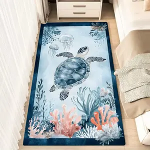 1pc Sea Turtle Coral Watercolor Pattern Fluffy Minimalist Area Rug, Polyester 100% Flannel Carpet, Non-Slip Rectangle Floor Mat for Living Room, Bedroom, Kitchen, Office, Entryway, Bedside Rug | Washable, Car Carpet Mats, Holiday Home Decor Gift