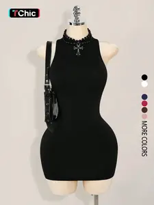 Women's solid color cross-back sexy casual Fitted mini dress