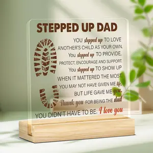 Stepped Up Dad Acrylic Photo Plaque, Clear Desktop Decoration with Wooden Base, Thank You Gift for Stepfather on Father's Day, Birthdays, Home & Office Ornament, Signs