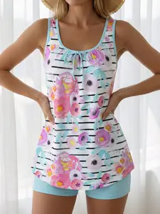 Women's Casual Fashion Tankini Two-Piece Swimsuit Set, Stylish Beachwear, Comfortable Swimwear, Perfect for Summer Holidays, Tankini With Shorts, Floral Tankini Set, Floral Print Tankini