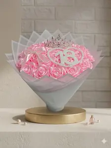 Eternal Rose Bouquet Buchon 25 Pieces Luxury Pink Roses with Sparkling Number Centerpiece & Princess Crown for Birthdays Anniversaries Weddings