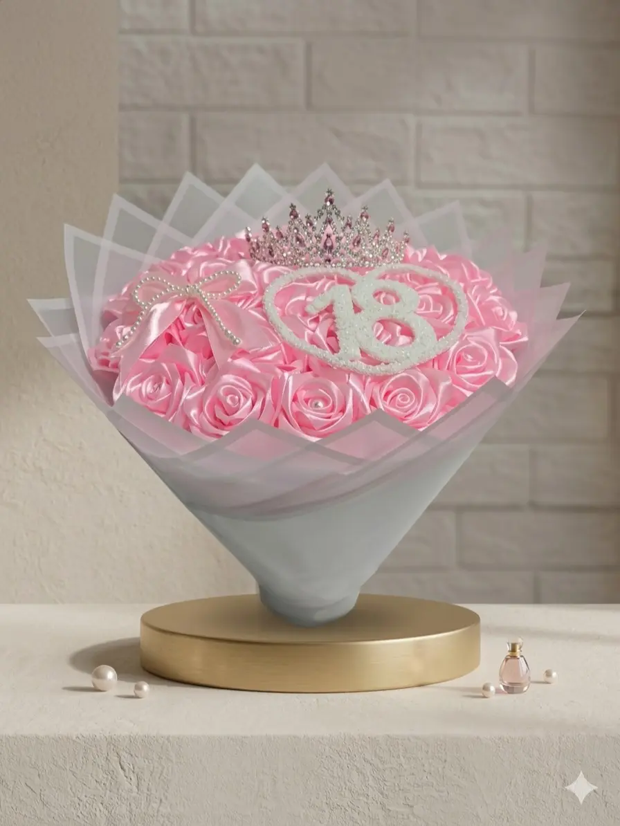 Eternal Roses Bouquet Buchon 25 Pieces Luxury Pink Roses with Sparkling Number Centerpiece & Princess Crown for Birthdays Anniversaries Weddings