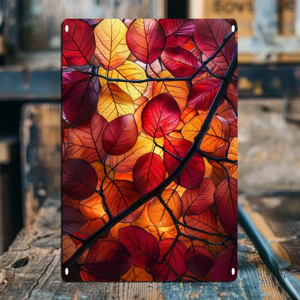 Autumnal Leafy Wall Art: A Stunning 13 Aluminium Advertisement Board, Perfect for Home, Garage, or Bar Decorating