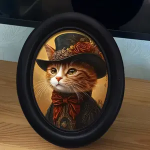 1count, Gothic Victorian Earl Cat Framed Art - Vintage Prints, Dark Floral Top Hat & Red Bow Tie, Wooden Frame - 6.8x8.7 Inch Oval Wall Decor with Black Frame, Display Plaque, Perfect for Home & Office Holiday Decor, Countryside Style, Home Decoration