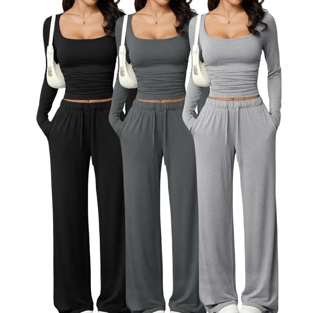 Women's New Style 2-Piece Casual Sports Pants Set, Square-Neck Long-Sleeved Top for Sportswear