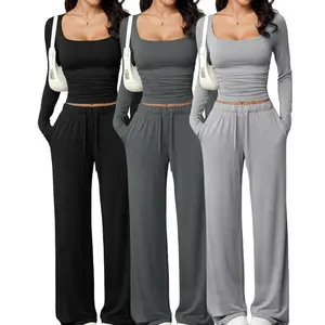 Women's New Style 2-Piece Casual Sports Pants Set, Square-Neck Long-Sleeved Top for Sportswear