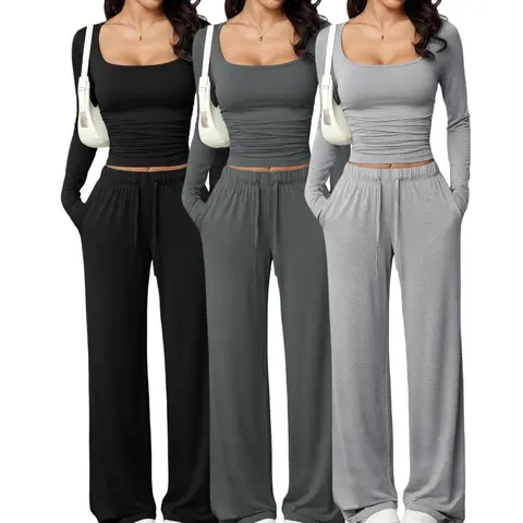 Women's New Style 2-Piece Casual Sports Pants Set, Square-Neck Long-Sleeved Top for Sportswear