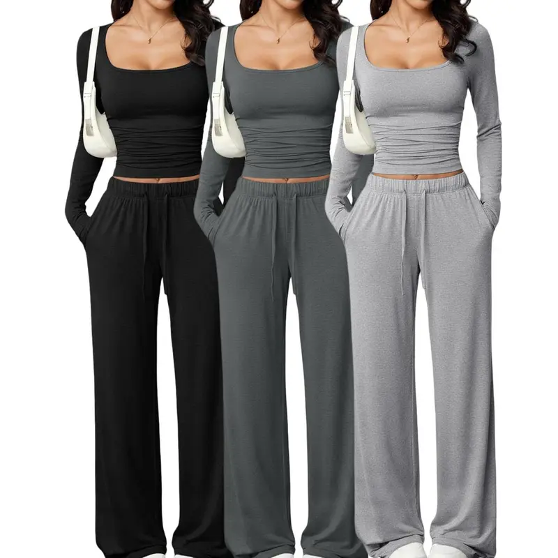 Women's New Style 2-Piece Casual Sports Pants Set, Square-Neck Long-Sleeved Top for Sportswear