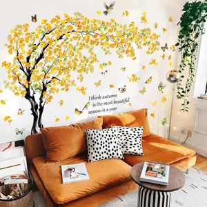 4Pcs+1Pc Set(3090cm+3030cm) Watercolor Ginkgo Tree Wall Stickers, Gold Foil Self-Adhesive Wall Decor for Living Room Bedroom