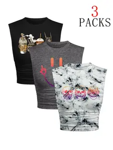 3pcs Women's Retro Mama & Cherry Print Tank Top Bundle, Camouflage & Cropped Tees, Casual Sleeveless Tops for Mom Style & Streetwear