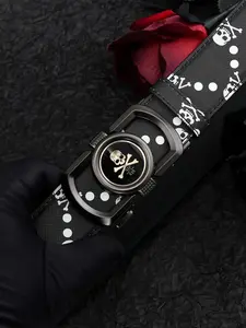 Men's Fashion Skull Print Automatic Buckle Belt, Casual PU Leather Belt for Daily Clothing Decor, Trendy All-match & Exquisite Belt for Birthday Gift, Street Style Belt, Punk Fashion Belt, Stylish Belts