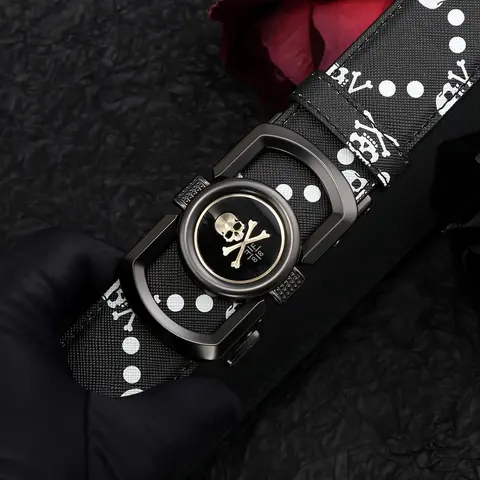Men's Fashion Skull Print Automatic Buckle Belt, Casual PU Leather Belt for Daily Clothing Decor, Trendy All-match & Exquisite Belt for Birthday Gift, Street Style Belt, Punk Fashion Belt, Stylish Belts, Belt With Buckle
