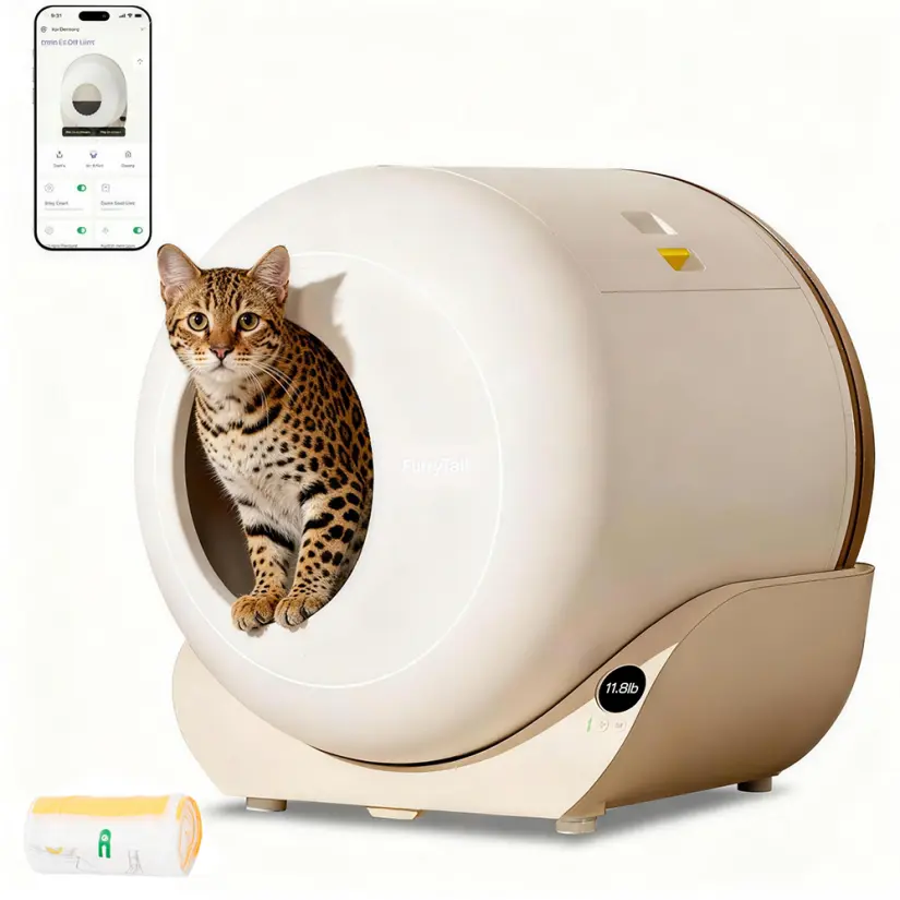 Furry tail Automatic Litter Box Self Cleaning, Kitty Litter Box, Smart Safety Sensors, Advanced Odor & Leak Control, Large Capacity for Multi Cat Homes, with App Control & 40 Trash Bags,Cream