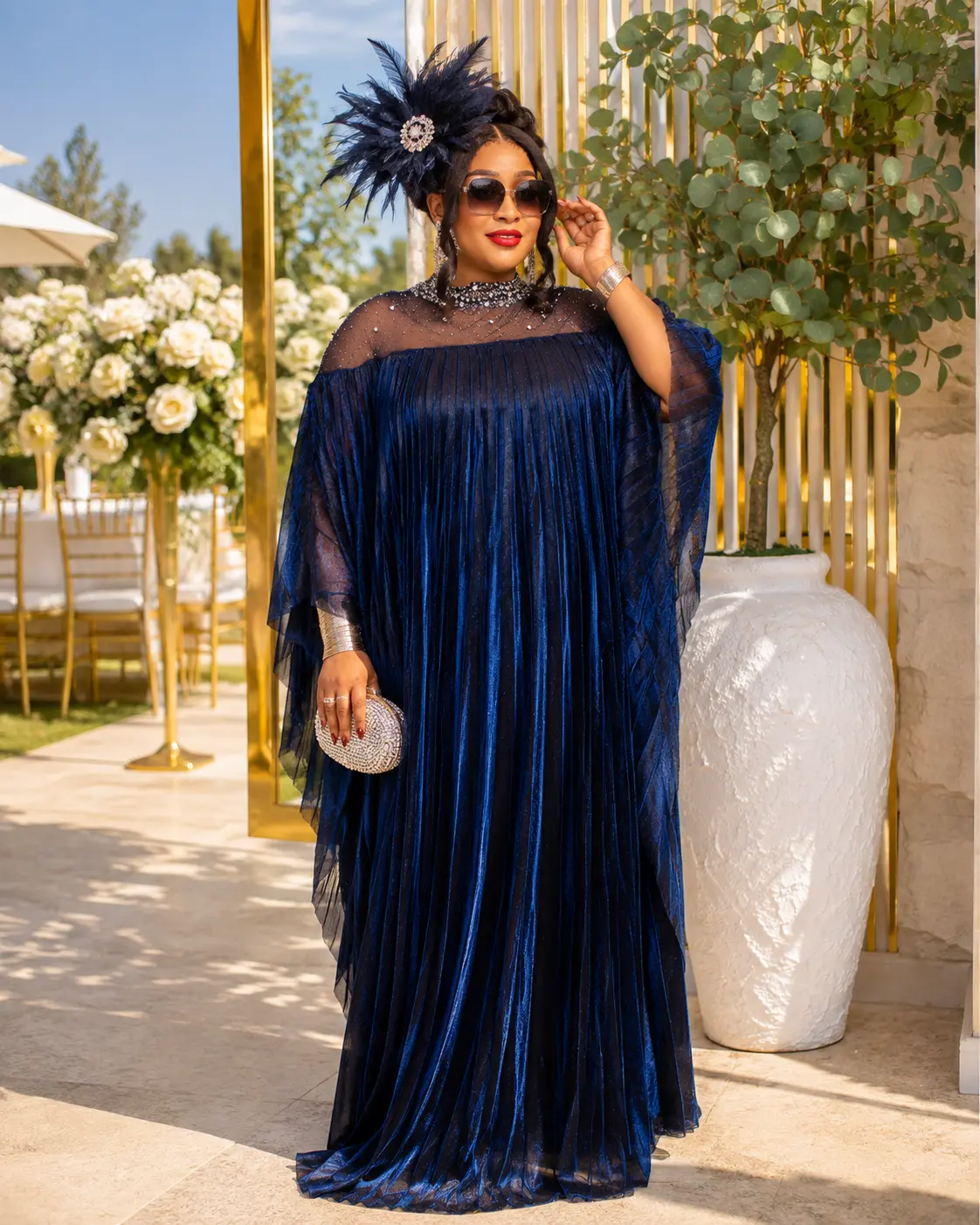 Stunning Blue Embellished Pleated Asymmetrical Kaftan Maxi Dress: Wedding Guest Attire Mother of The Bride Church Gala Cocktail Reception Birthday Party