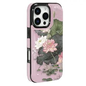 Mobile phone case: Lotus theme function protective case, built-in card clip design, can store bank cards, transportation cards and other cards, suitable for iPhone 16 Pro Max, iPhone 17/Air/16/15/14/13/12 Pro/11/XS Plus Max, and Samsung S22/S23/S24/S2