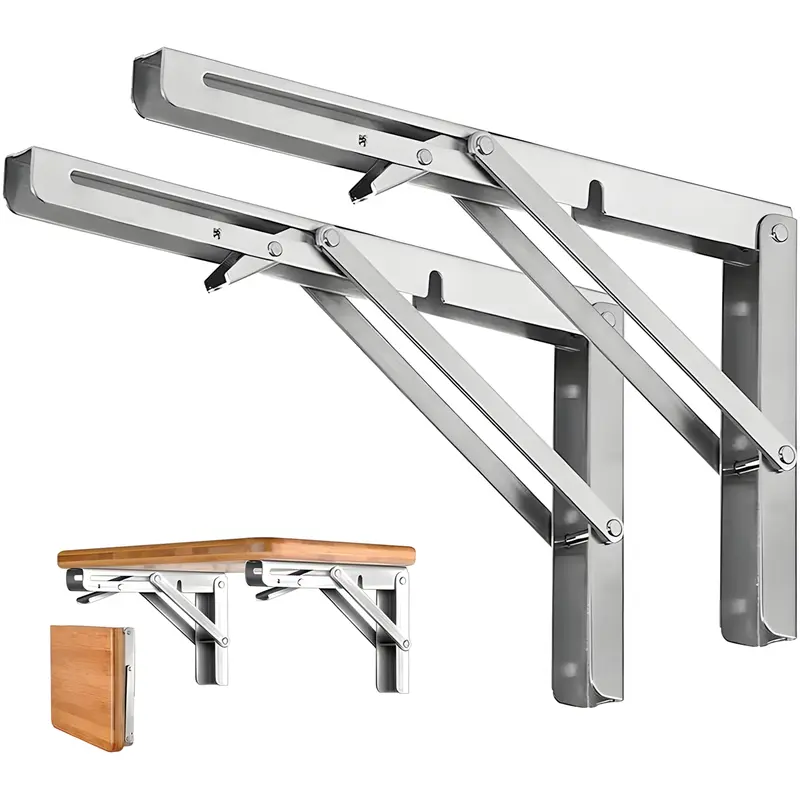 2PCS Heavy Duty Corrosion Resistant Stainless Steel Collapsible Folding-Arm Brackets - Wall Mounted Shelf, Adjustable Hooks Hanger, Customizable Appearance, Fold-Away Storage for Home DIY Users