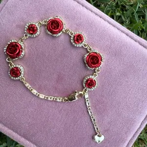 Rose Bracelet Her - Red Floral Design with Green Accents and Gold-Tone Chain