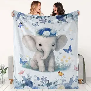 Baby Blanket Newborn Thickened Flannel Throw Blanket Autumn Winter Warm Cartoon Elephant Butterfly Flower Pattern Infant Small Blanket Kids Kindergarten Nap Blanket Soft Skin-Friendly Four Seasons Availa