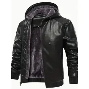 New Men's Solid Color PU Leather Hooded Jackets, Windproof Waterproof Trendy Thick Jacket For Spring Autum