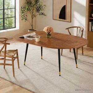 Oval Shape Extendable Walnut Dining Table - MDF Top, Sturdy Metal Base, Modern Expandable Indoor Kitchen Table for Dining Room, Seats 6-10 People