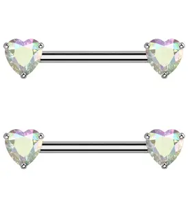 Rainbow Aurora Heart CZ Threadless Titanium Nipple Barbell