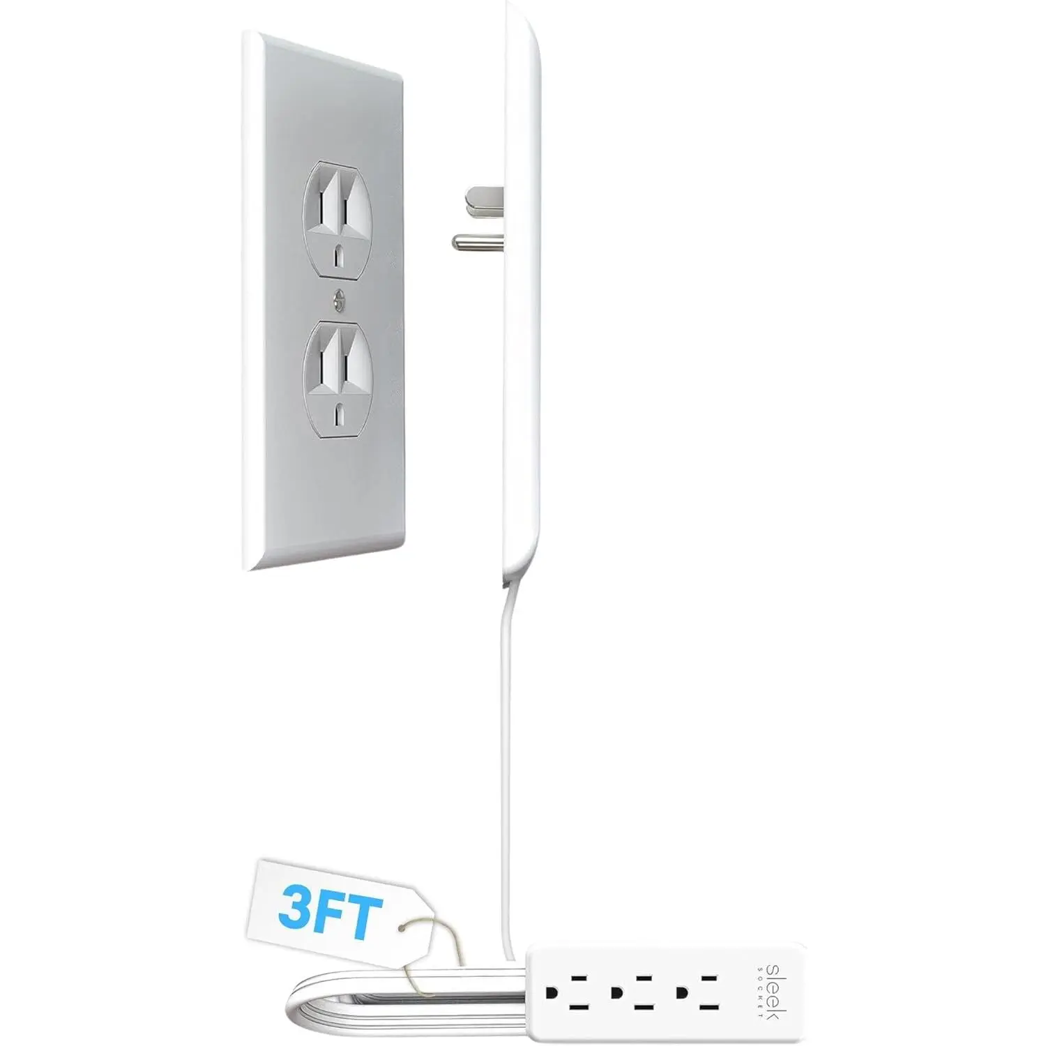 Sleek Socket Original & Patented Flat Ultra-Thin Outlet Concealer with Extension Cord Kit, Multi Outlets Power Strip, Ideal for Home Improvement, Hide Bulky and Messy Cords, 3ft