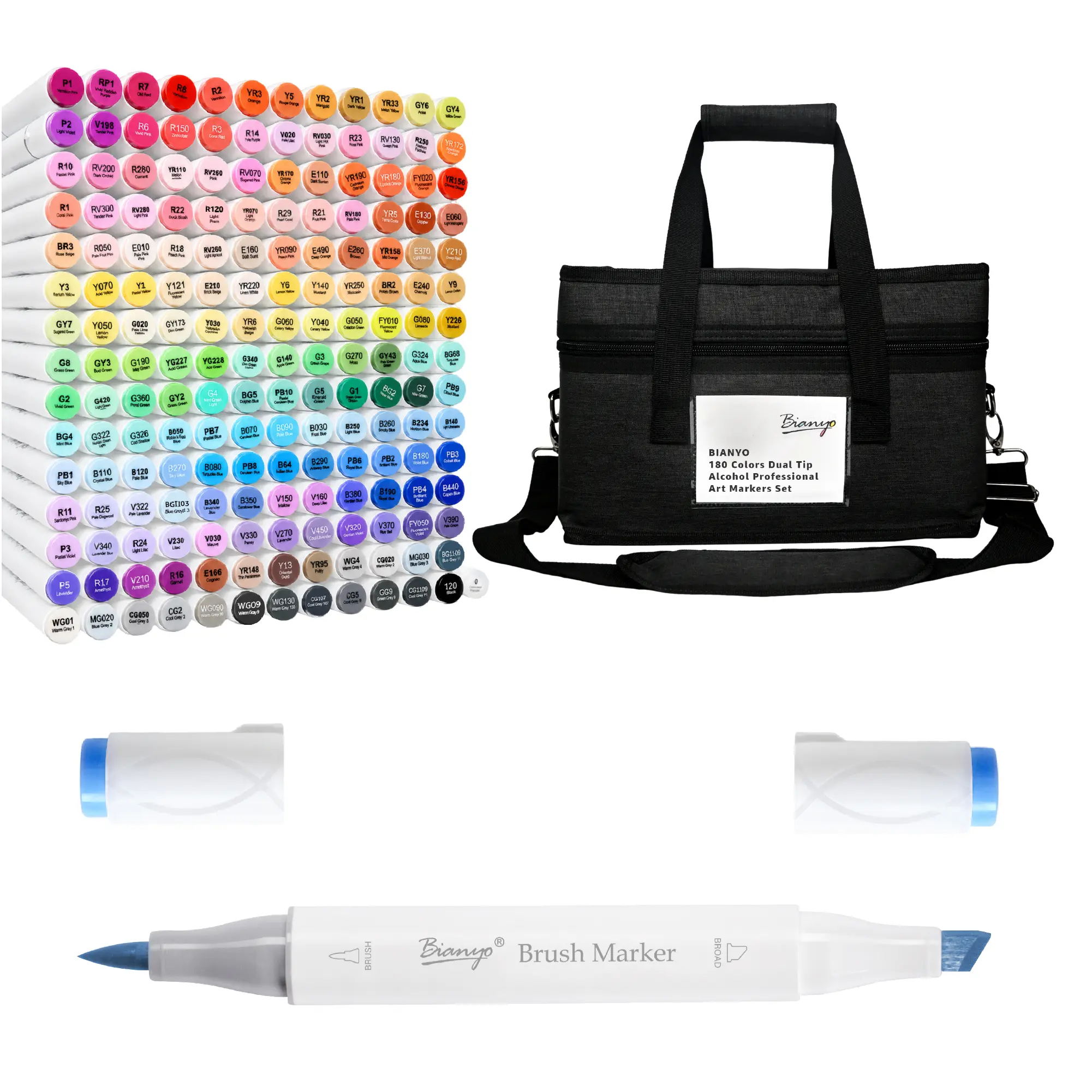 Bianyo 180-Pcs Dual-Tip Brush & Chisel Alcohol Markers Set - Bulk Markers with 180 Rich Layerable Colors, Labels Included, for Adult Creators, Comic Art, Manga Art, DIY Crafts, Cozy Coloring (Office Stationery), Dual End Marker, Colored Brush Markers