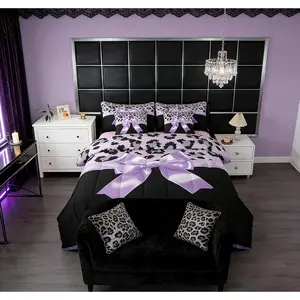 Purple Silk Bowknot 7 Piece Bedding Set Grey Leopard Comforter Set with Sheets for Kids Girls Women Black Purple Bed in a Bag Sweet Romantic Bed Set