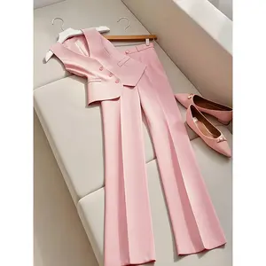 Women's Elegant Pink Suit Set - Sleeveless V-Neck Blazer with Button Details, Matching Pants,  Polyester, All-Season Wear, Casual Outing Attire | Sleeveless Blazer | Polyester Fabric