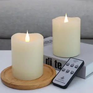 Flameless Candles Battery Operated with Remote Timer, 3D Moving Flame Flickering, Last 600+ Hours, 3" x 4" Ivory Real Wax Electric LED Candle for Wedding Party, Set of 2