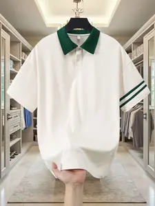 American Vintage Colorblock Collar Striped Polo Shirt, Summer Loose Shoulder Short Sleeve, Casual Sports Top, Unisex Oversized Trendy Tee