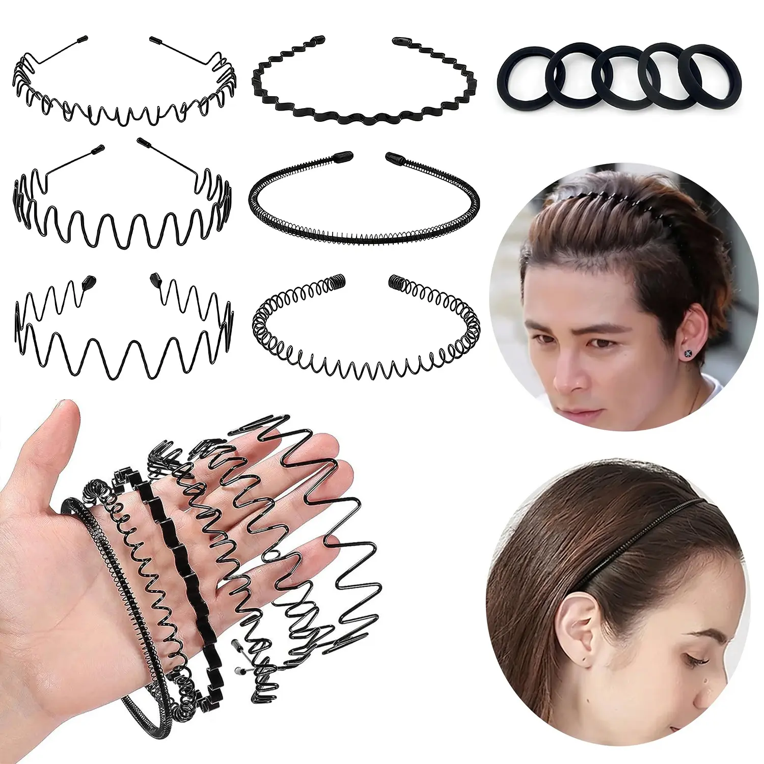 6 Pack Metal Headbands for Men & Women + 5 Free Hair Ties, Adjustable Non Slip Wavy Hair Bands for Thick Curly Long Hair, Workout, Running & Daily Wear