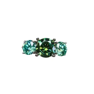 VVS1 Round Brilliant Cut 3 Stone Green Moissanite Ring, Includes GRA Certificate of Authenticity