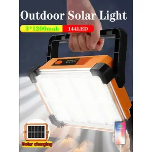 1pc 144 LED Solar Powered Light, Lighting Night Lamp, Orange/Grey/Black Outdoor Solar Lamp, Outdoor Solar Yard Wall Light, Outdoor Safety Work Light, Camping Fishing Spotlight, Ground Light, 3600mAh Capacity: 3pcs 18650 1200mAh Rechargeable Lithium