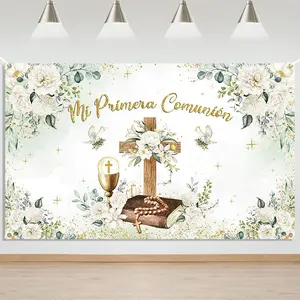 Spanish "My First Communion" Photography Background: Bouguerli White Flower Wooden Cross, Polyester Material, Suitable for Home, Wall Decoration, as well as Party Supplies and Gifts, Party Decoration, Party Decorations Banners