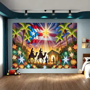 1pc Christmas party banner, made of polyester material, with a background image of the Nativity of Jesus, suitable for indoor and outdoor decoration, festival decoration, Christmas party decoration, and photography background decoration