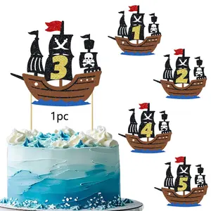 1pcs Pirate 1/2/3/4/5th Birthday Cake Topper Pirate Ship 1/2/3/4/5 Cake Topper for Nautical Sailing Birthday Cake Decor Pirate Themed 1/2/3/4/5th Anniversary Party Decoration