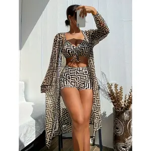 New Women's Mesh Print Three-Piece Swimsuit Set with Long Sleeve Beachwear