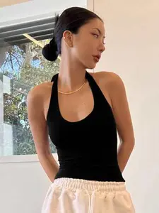 DAZY Solid Backless Halter Top Tank Tops