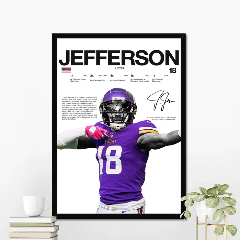 Justin Jefferson Hardline Series Poster, Justin Jefferson Signature Poster, Minnesota Football Wall Art For Fans, Sport Gift For Men [UNFRAMED - PRINT ONLY]