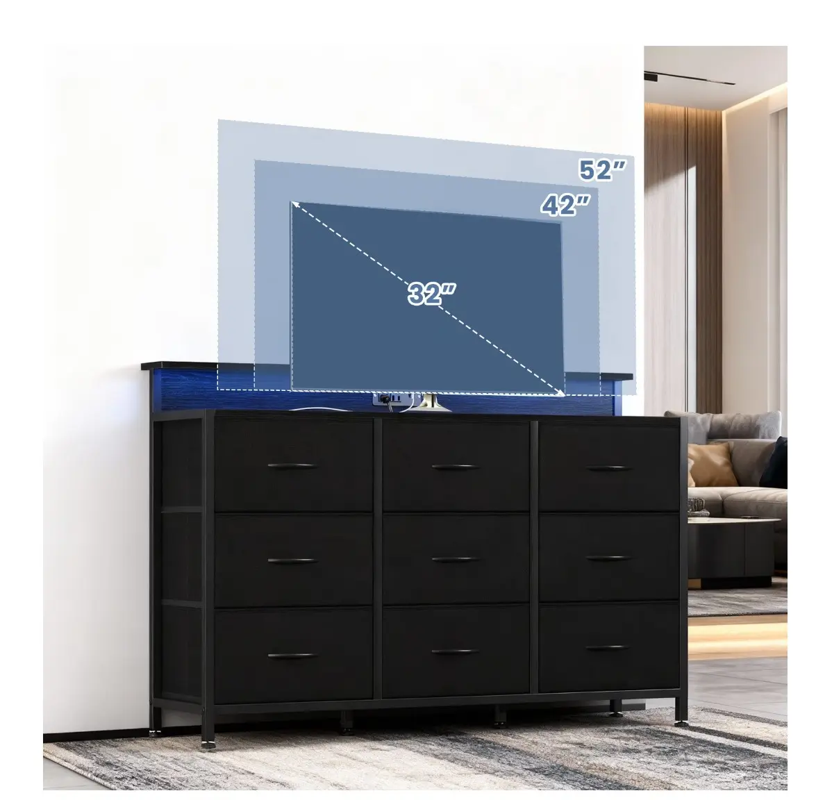9-Drawer Fabric Dresser TV Stand, Multifunctional Storage Cabinet with Power Outlets & LED Light, Black