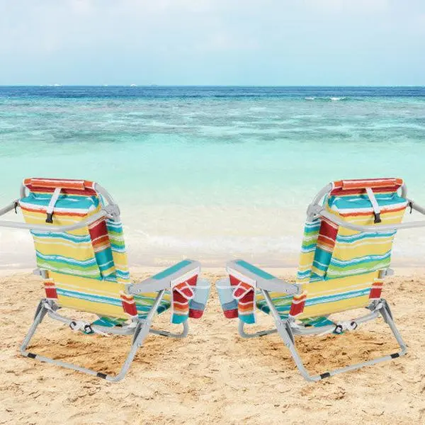 Foldable Backpack Beach Chair With Cup Holder and Storage Pockets Set of 2-Multicolor